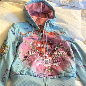 Ed Hardy Multicolor Graphic Zip-Up hoodie leather jacket